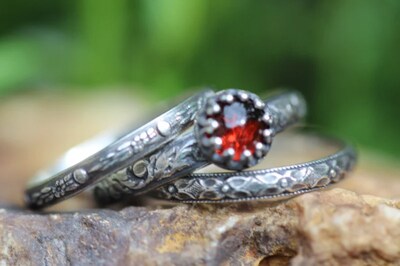 Garnet Ring * Solid Sterling Silver* Set of 3 Rings * Vines Floral Full Moon Patterns * Natural Almandine Garnet *  Any Size - image2